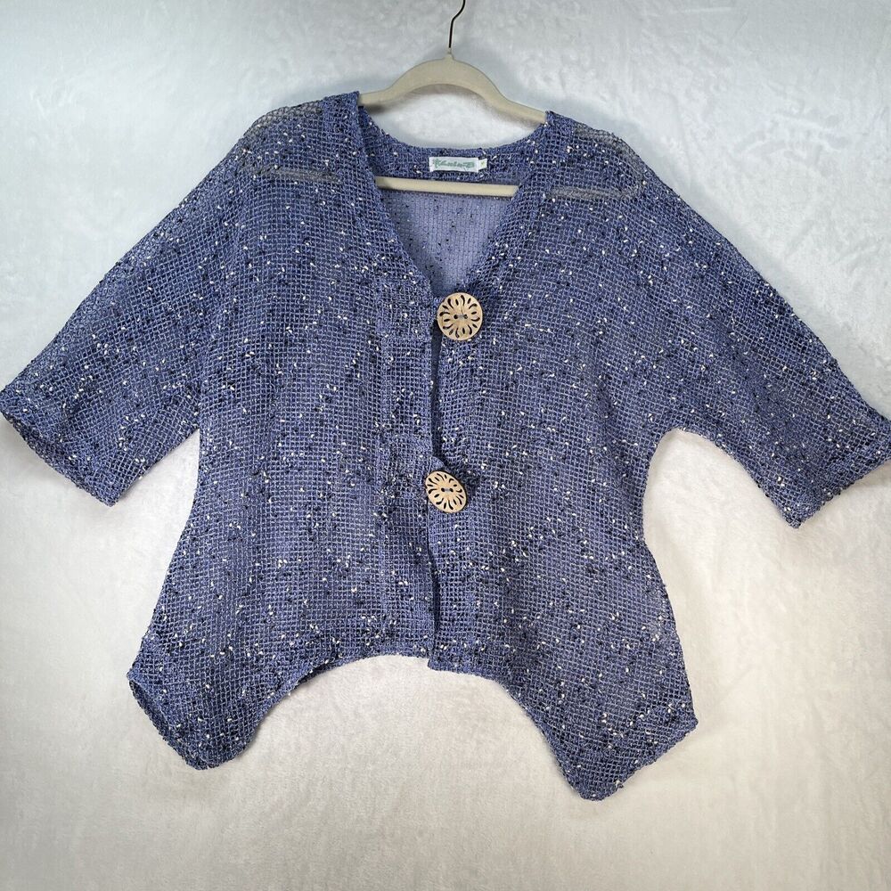 Lulu-B Open Knit Fishnet Cardigan Womens Small Blue Wooden Button Coastal Beach